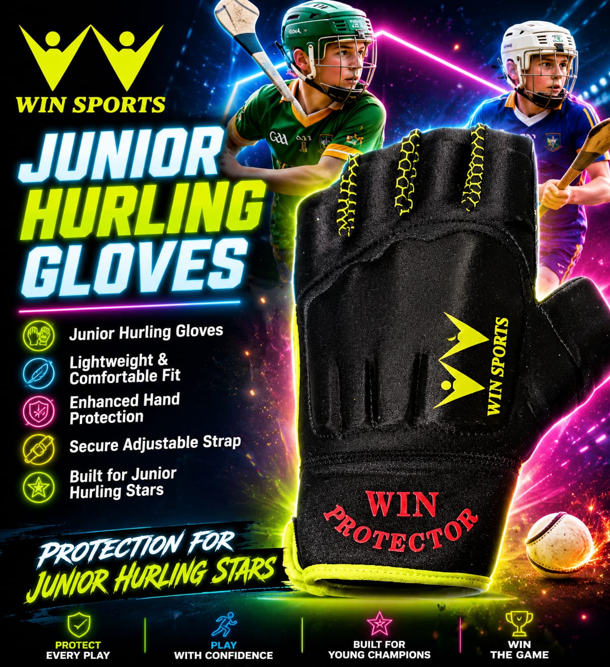 Win Sports Junior Hurling Gloves with Anti-Slip Silicon Grip | hurling gloves junior stars