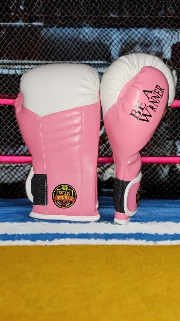 WIN SPORTS Junior Boxing Gloves, White and Pink, Leather, Hook and Loop Closure, Junior Champs