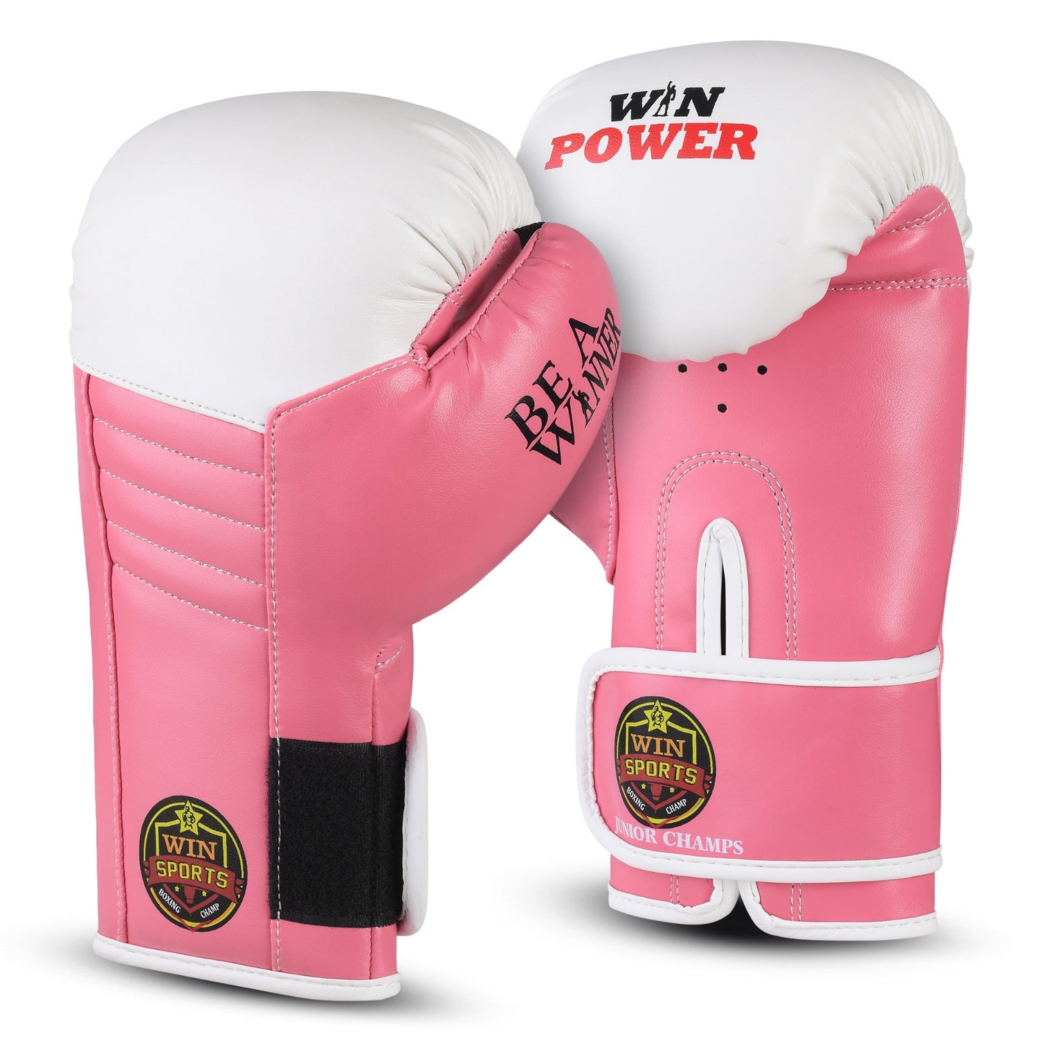 WIN SPORTS Junior Boxing Gloves, White and Pink, Leather, Hook and Loop Closure, Junior Champs
