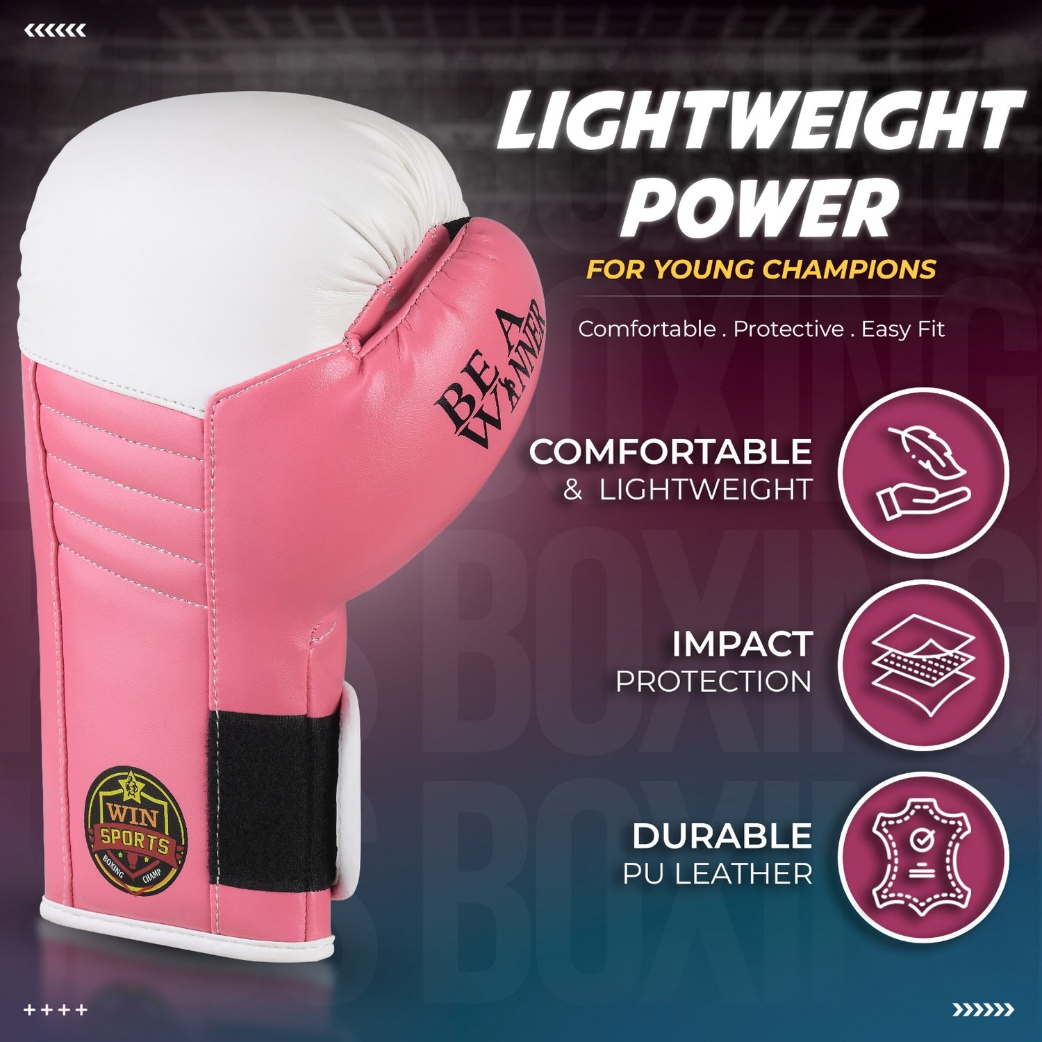 WIN SPORTS Junior Boxing Gloves, White and Pink, Leather, Hook and Loop Closure, Junior Champs