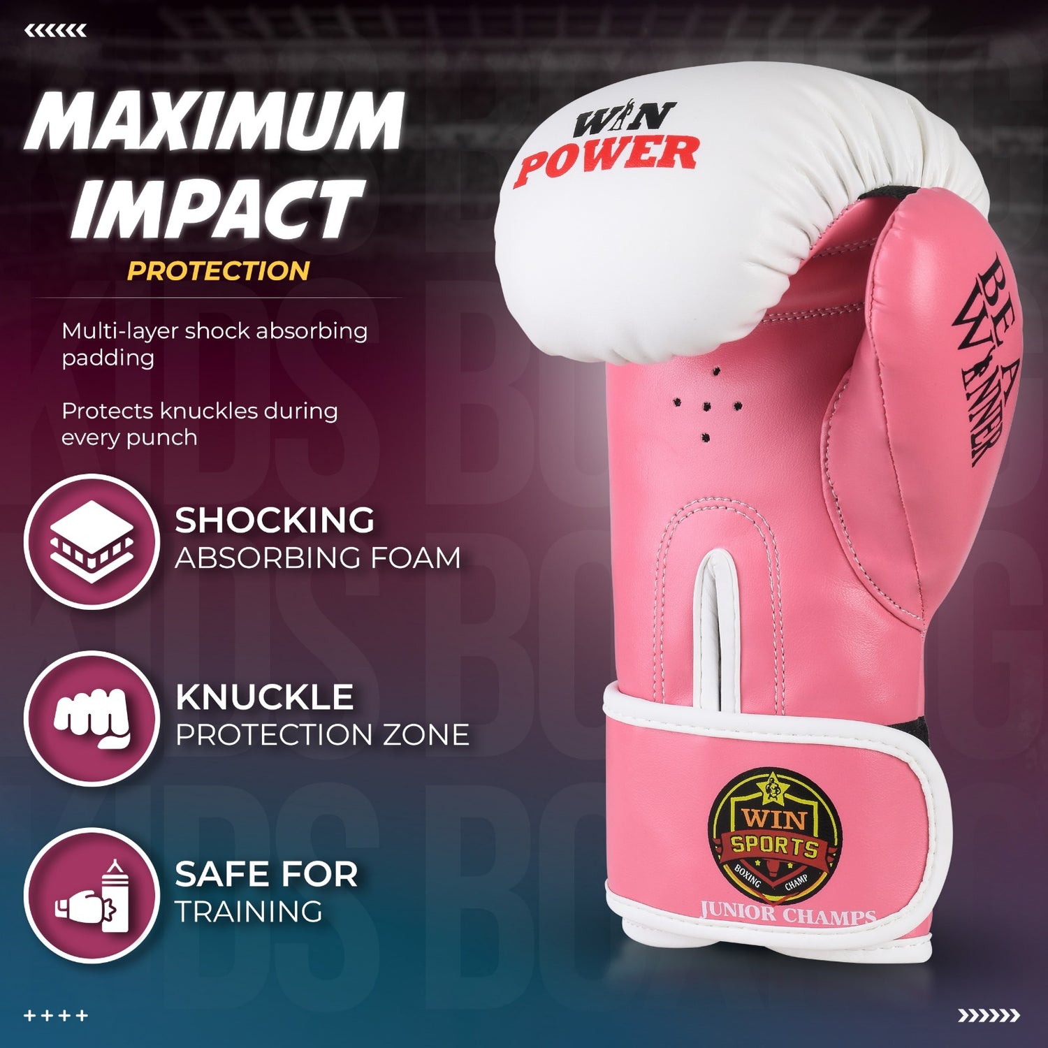 WIN SPORTS Junior Boxing Gloves, White and Pink, Leather, Hook and Loop Closure, Junior Champs