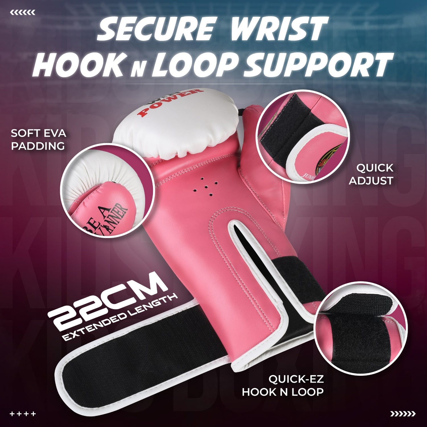 WIN SPORTS Junior Boxing Gloves, White and Pink, Leather, Hook and Loop Closure, Junior Champs