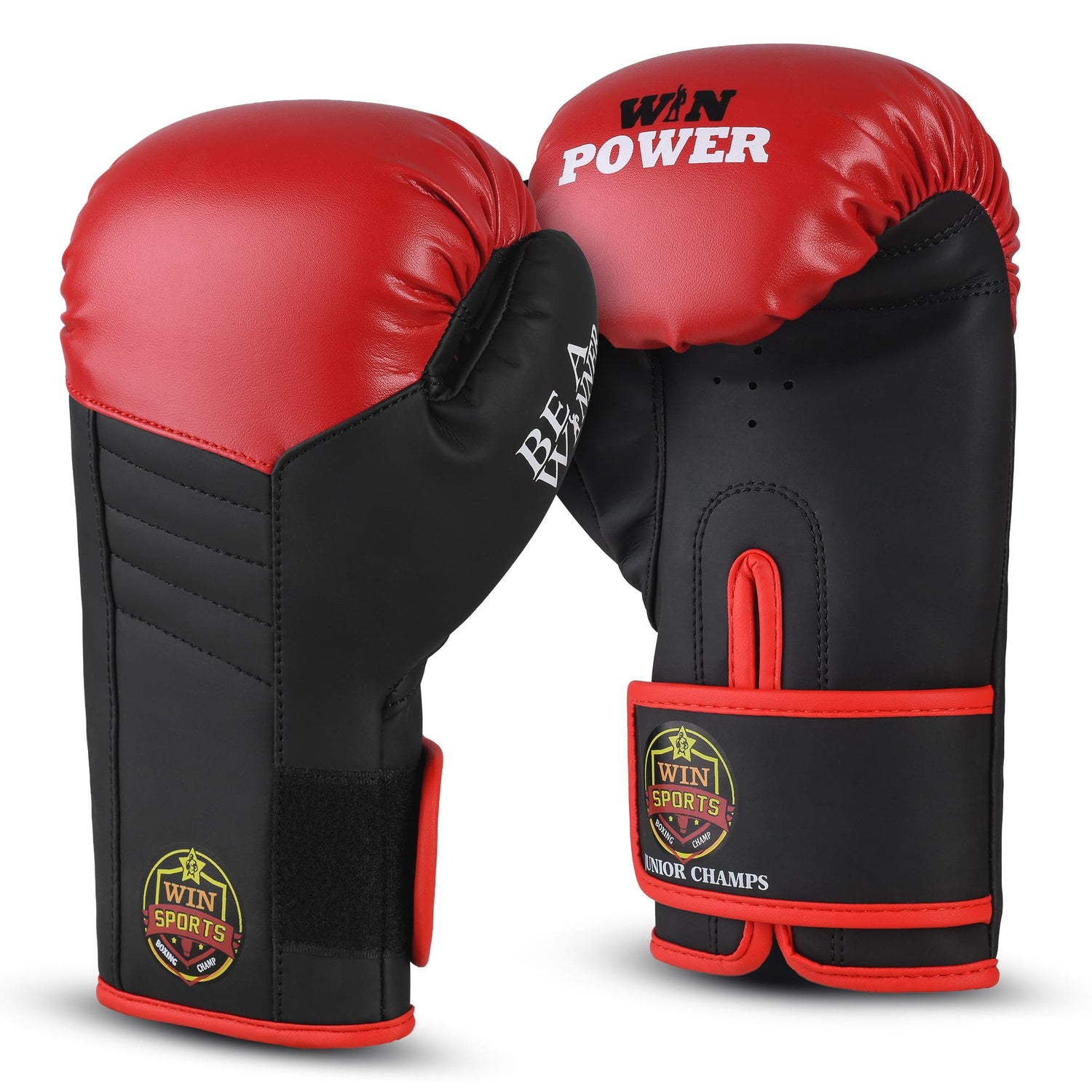 WIN SPORTS Junior Boxing Gloves, Red and Black,Hook and Loop Closure, Junior Champs
