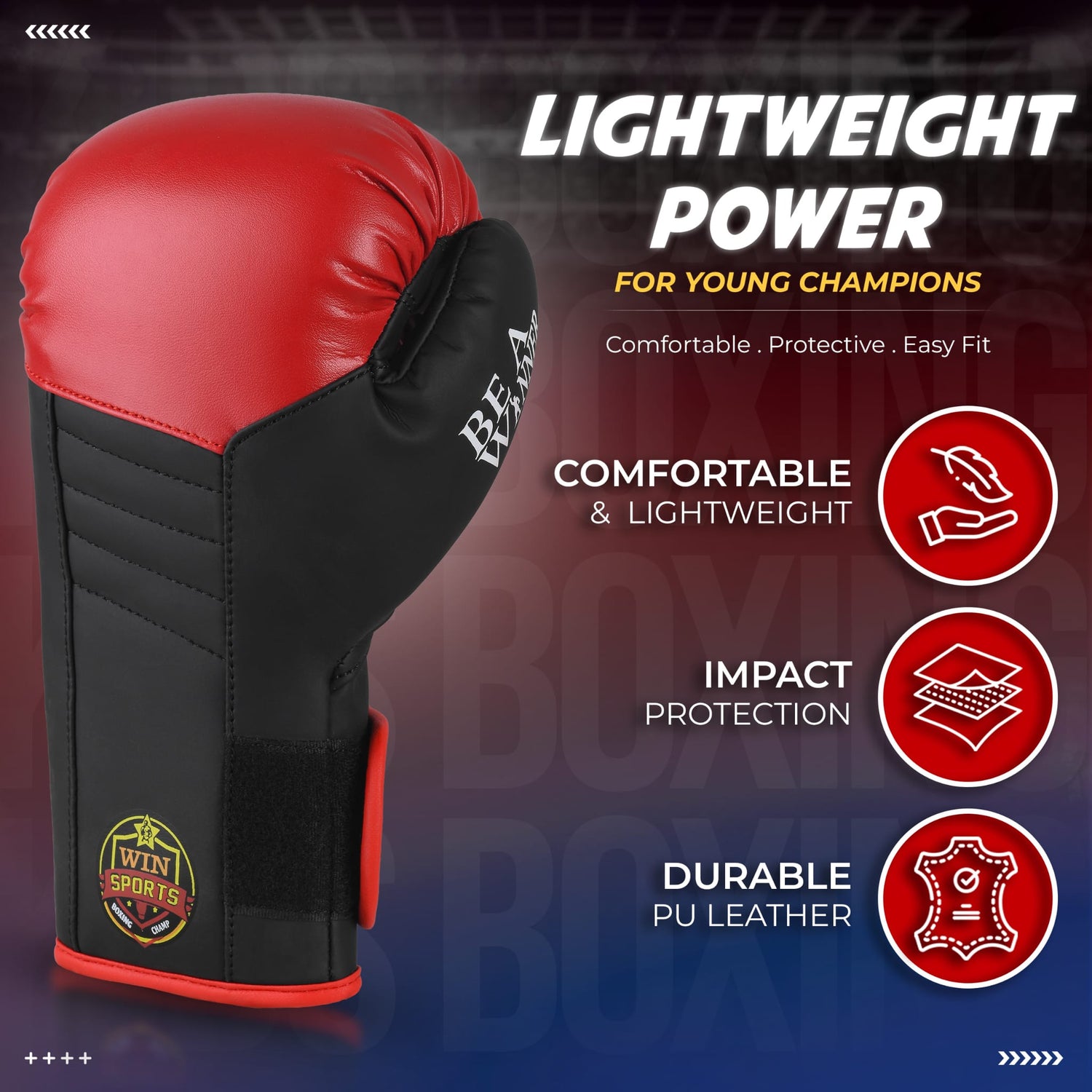 WIN SPORTS Junior Boxing Gloves, Red and Black,Hook and Loop Closure, Junior Champs