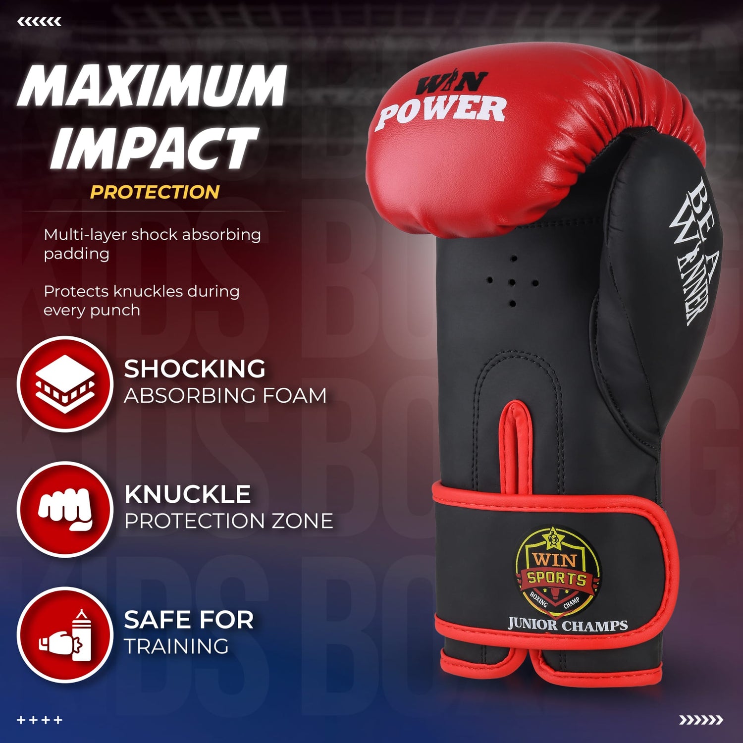 WIN SPORTS Junior Boxing Gloves, Red and Black,Hook and Loop Closure, Junior Champs