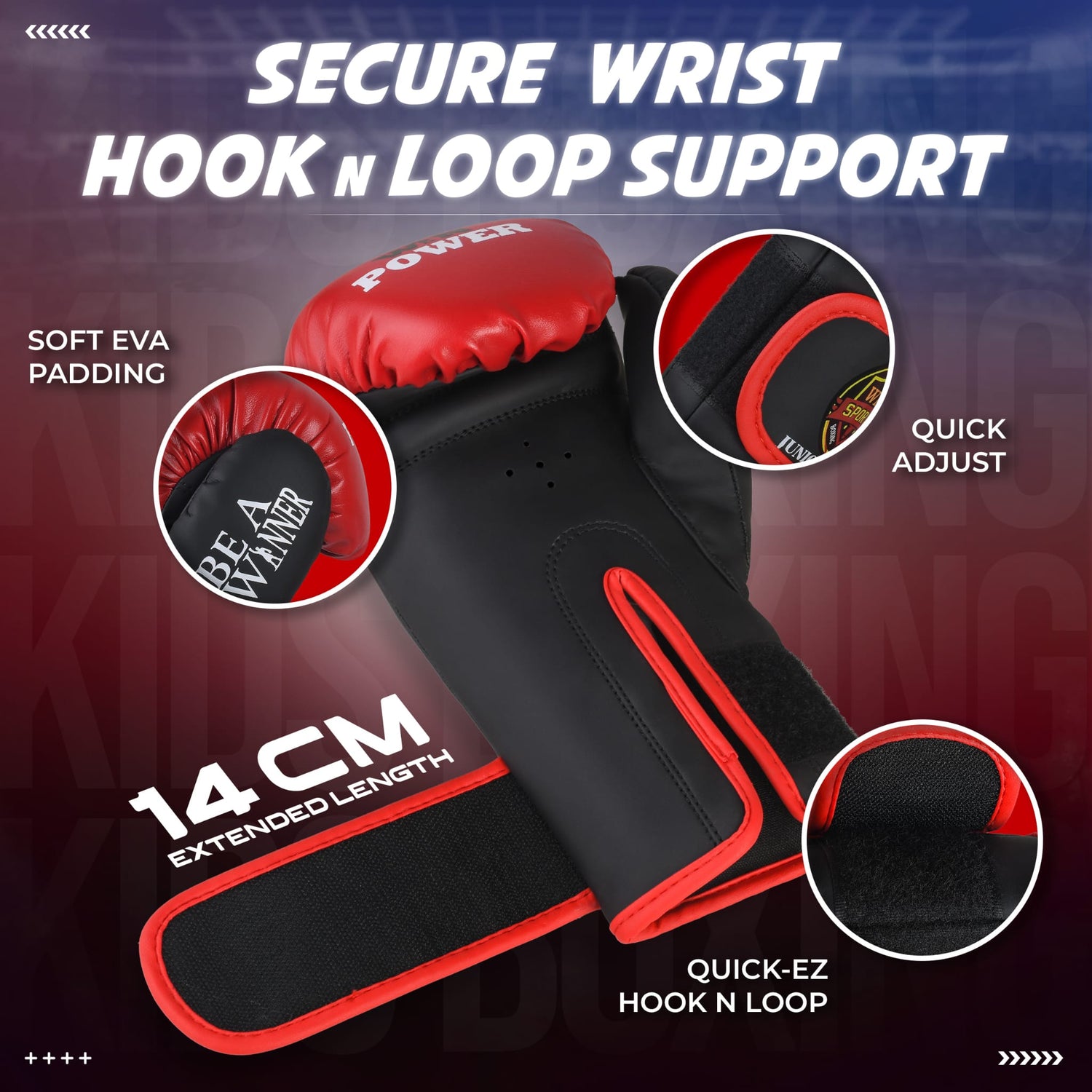 WIN SPORTS Junior Boxing Gloves, Red and Black,Hook and Loop Closure, Junior Champs