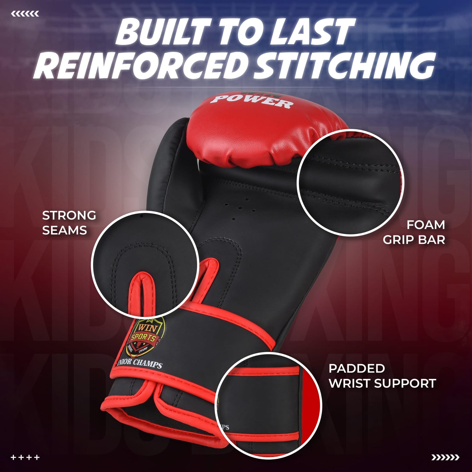 WIN SPORTS Junior Boxing Gloves, Red and Black,Hook and Loop Closure, Junior Champs