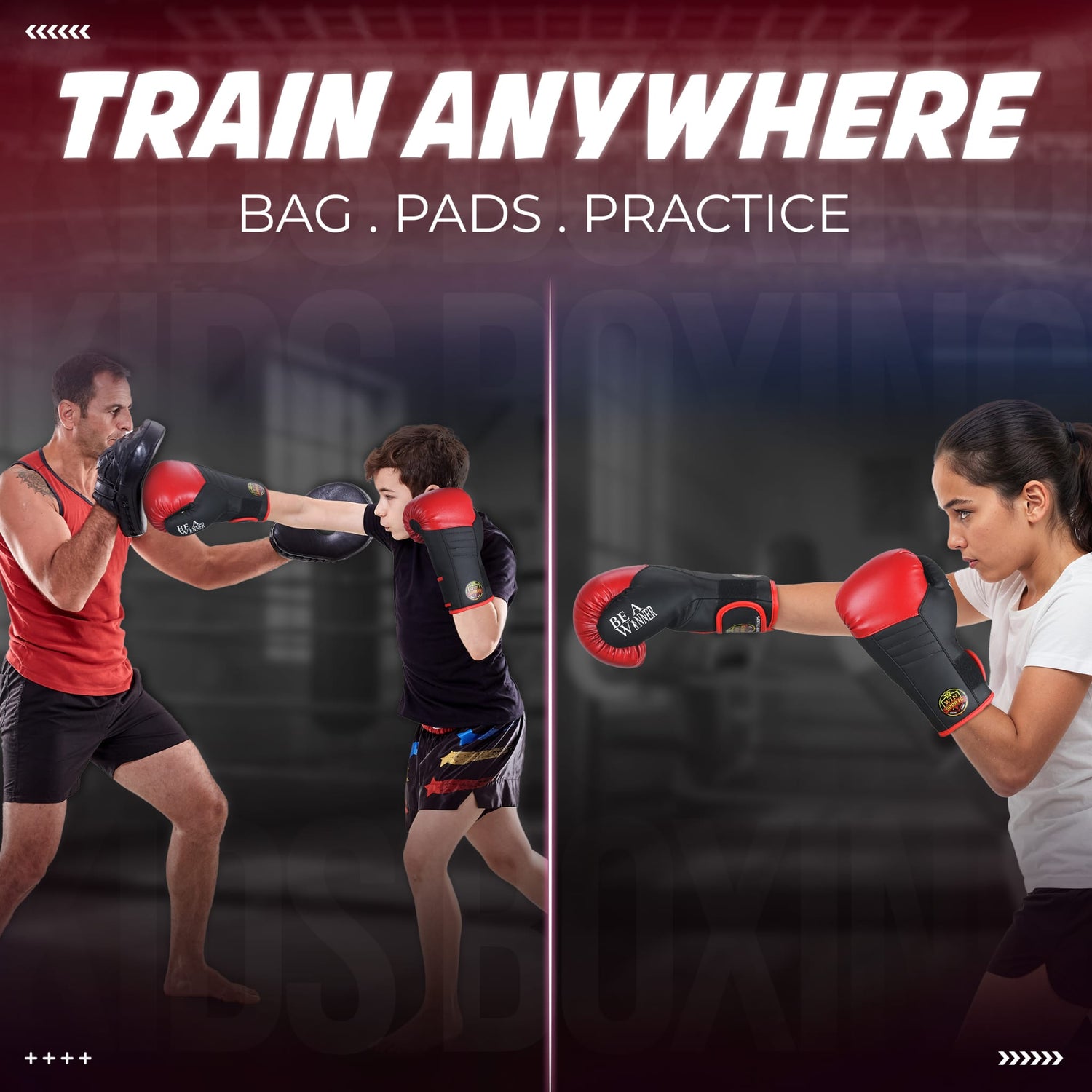 WIN SPORTS Junior Boxing Gloves, Red and Black,Hook and Loop Closure, Junior Champs