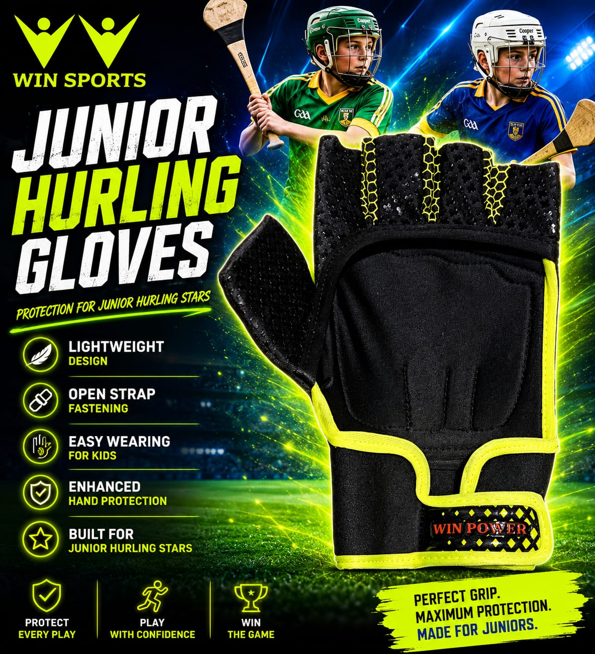 Win Sports Junior Hurling Gloves with Anti-Slip Silicon Grip | hurling gloves junior stars