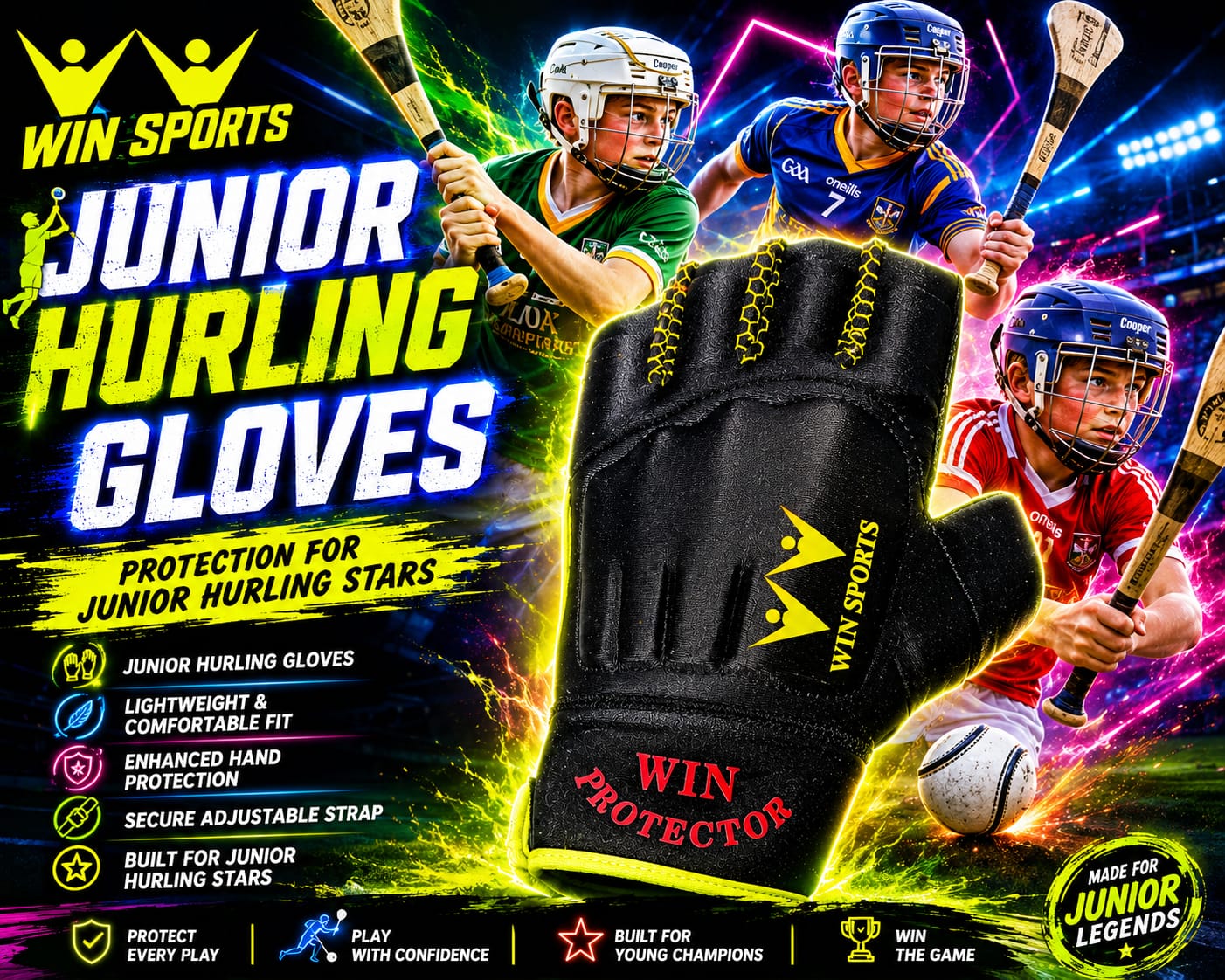 Win Sports Junior Hurling Gloves with Anti-Slip Silicon Grip | hurling gloves junior stars