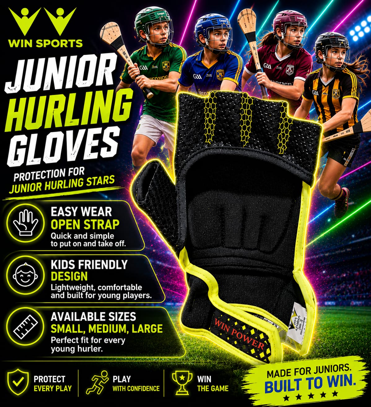 Win Sports Junior Hurling Gloves with Anti-Slip Silicon Grip | hurling gloves junior stars